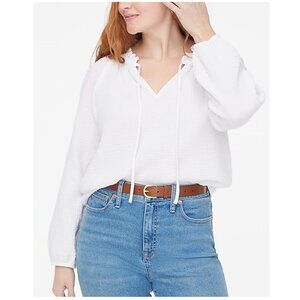 J. Crew Gauze Tie Neck Cotton Long Sleeve Top White Size L NWT